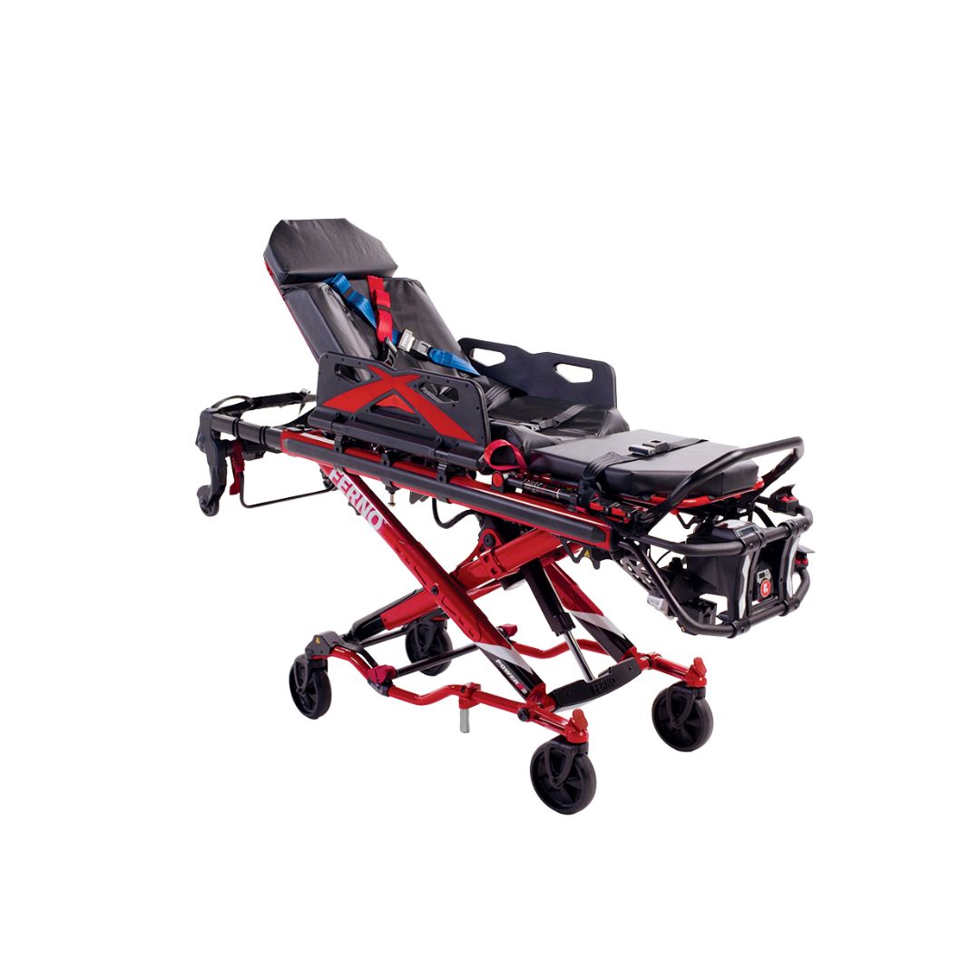 FERNO POWER X2 powered ambulance cot with EMS patient transport equipment, featuring adjustable height and secure straps.
