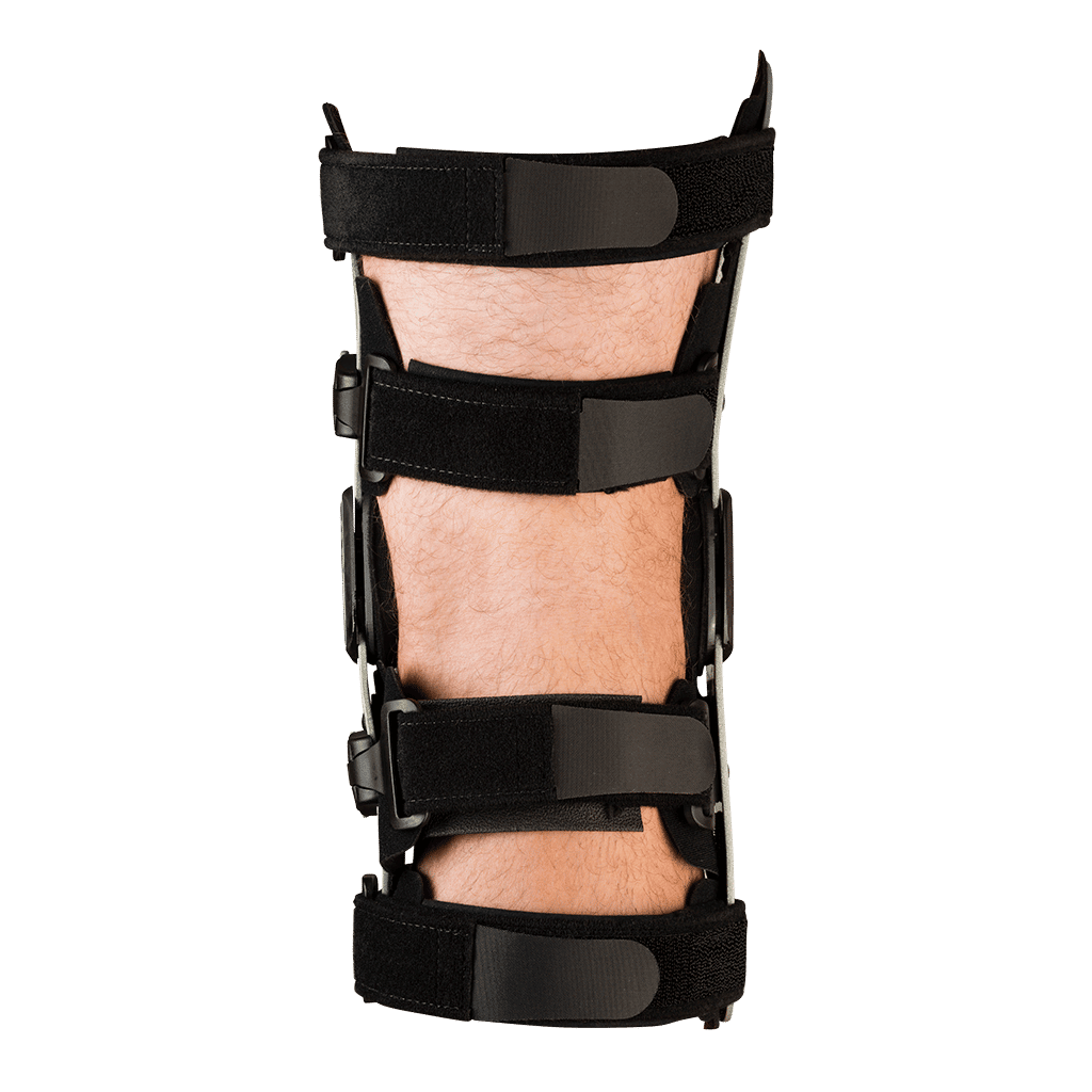 BREG Axiom Elite Ligament Knee Brace shown from the rear, providing support and stability for knee injuries and ligament protection.