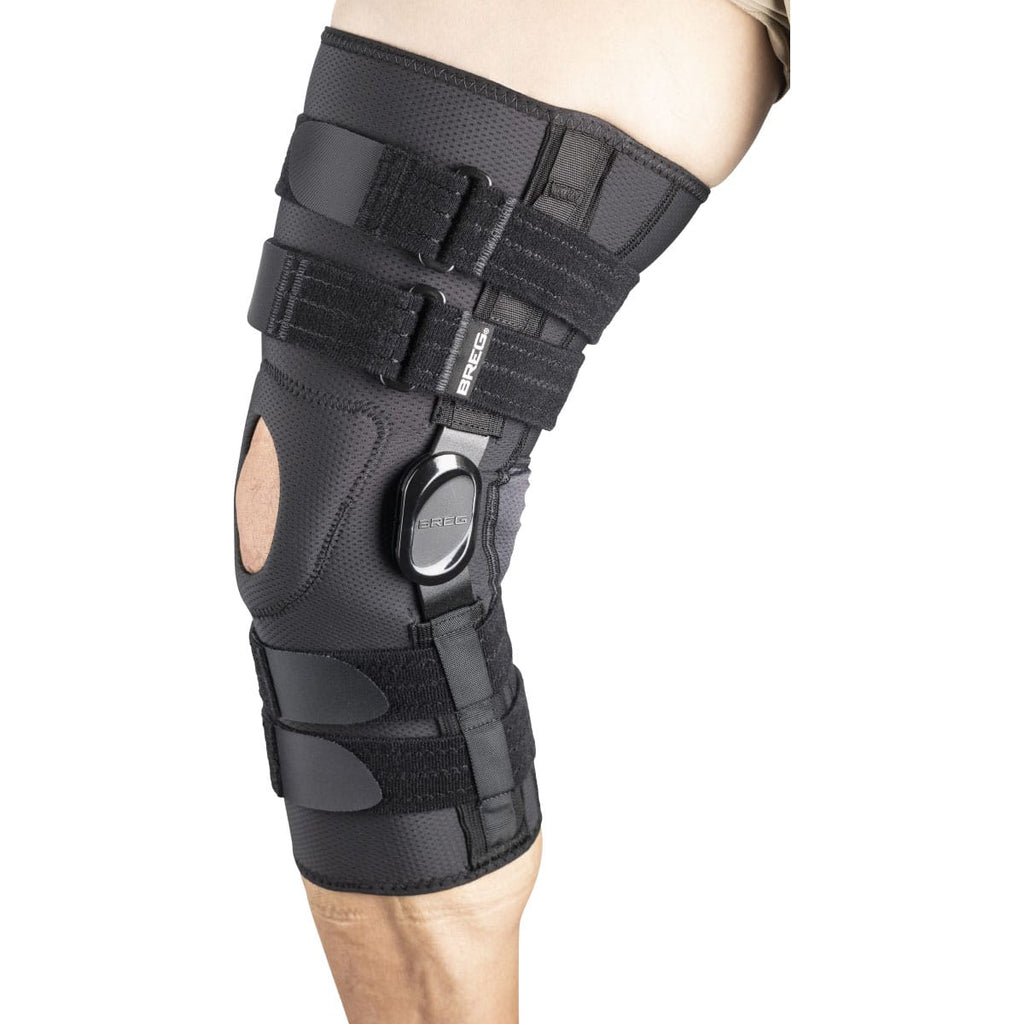 BREG Crossover Knee Brace shown from the side, featuring adjustable straps and supportive design for knee stabilization.