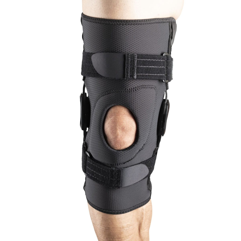 BREG Crossover Knee Brace shown from the front, featuring adjustable straps and supportive design for knee stabilization.
