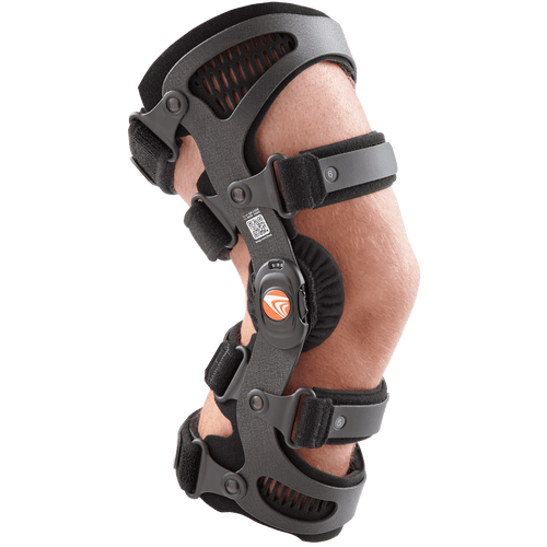 Breg Fusion® OA Plus osteoarthritis knee brace shown on a knee, designed to provide support and pain relief for knee osteoarthritis.