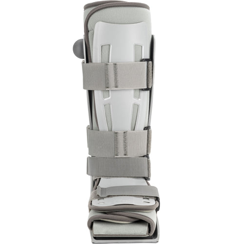 Front view of BREG Genesis full shell walker boot with four straps and pneumatic ankle support for foot stabilization.