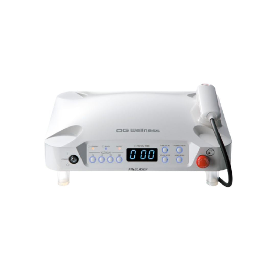 OG Wellness FINELASER EL-1000 laser therapy device showing a sleek handheld design with control buttons and LED display.