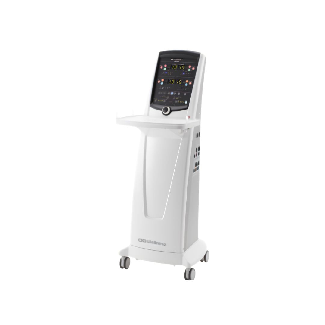 OG Wellness PHYSIOUS FS-250 electrical stimulator device with control panel and electrodes for muscle therapy and pain relief.