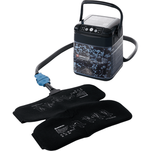 BREG Polar Care Wave cold therapy system with knee pad for post-op recovery, featuring white design and compression therapy capabilities.