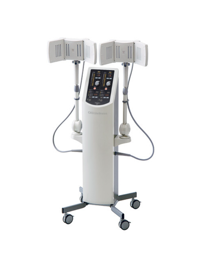 OG Wellness MicroThermy ME-9150 microwave therapy device shown in a user interface screenshot with controls and display screen.