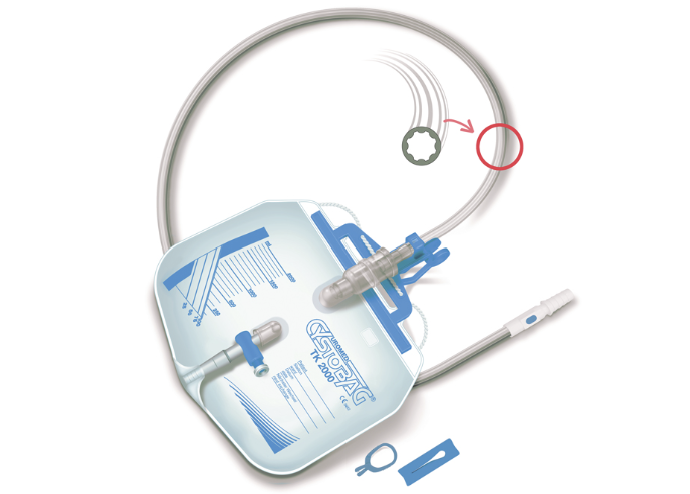 UROMED CYSTOBAG® TK 2000 comfort closed urine drainage system with sterile collection bag and tubing for urinary management.