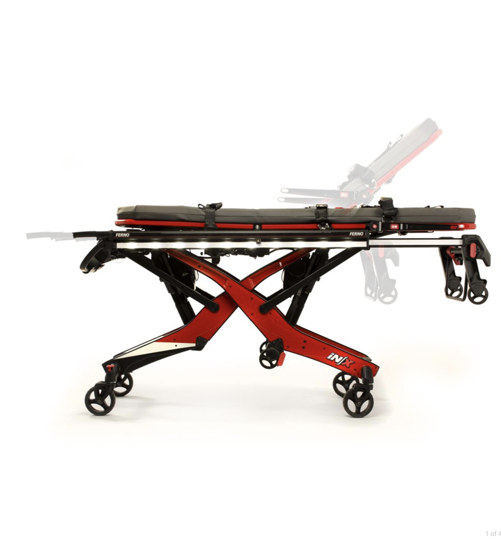 FERNO iNX EMS patient transport system with integrated loading platform showing hospital-grade medical transport equipment.