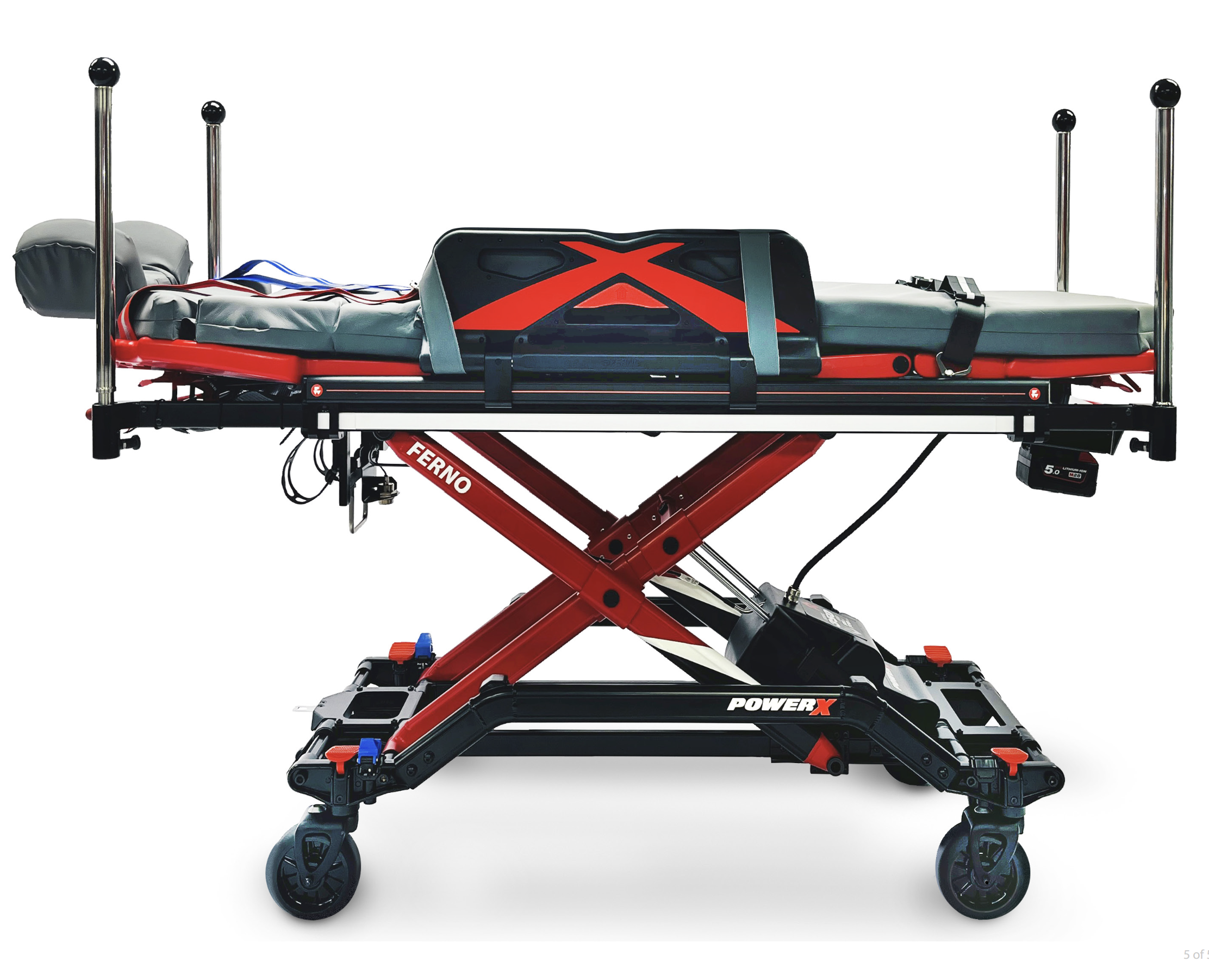 FERNO POWERX powered ambulance stretcher for EMS patient transport, featuring adjustable height and secure straps.