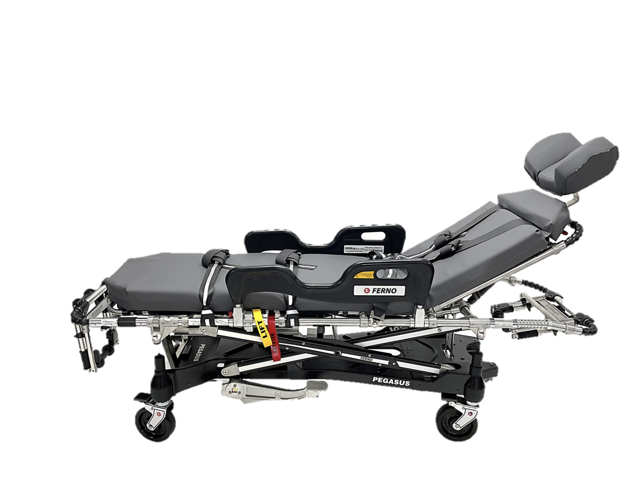 FERNO Pegasus ambulance trolley for EMS patient transport, featuring sturdy frame and medical storage compartments.