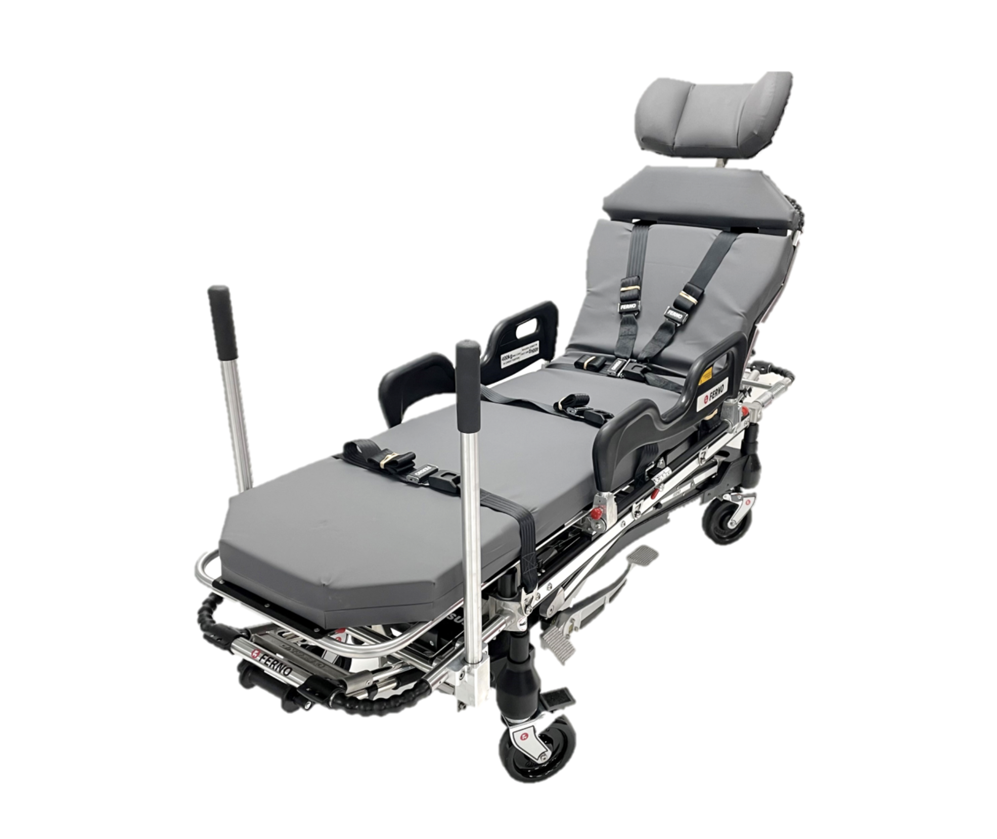 FERNO Megasus bariatric ambulance trolley for EMS patient transport, featuring sturdy design and secure patient support.