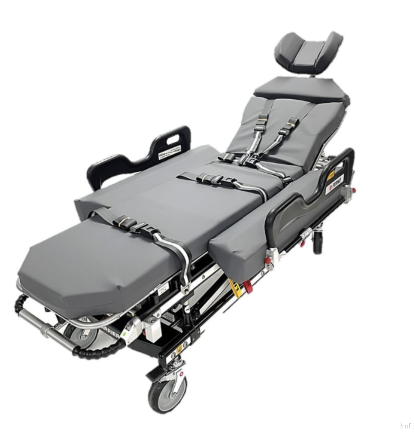 FERNO Harrier LT-LBS powered bariatric ambulance trolley for EMS patient transport, with adjustable surfaces and safety features.