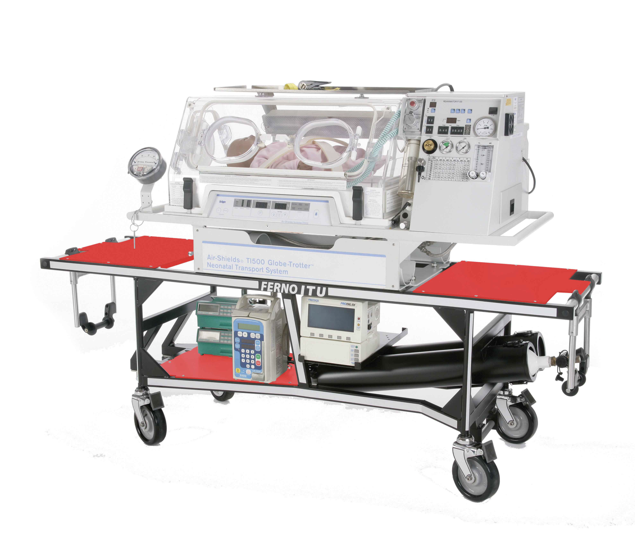 FERNO ITU-PX incubator transport trolley for neonatal and critical care, with control panel and sturdy frame visible.