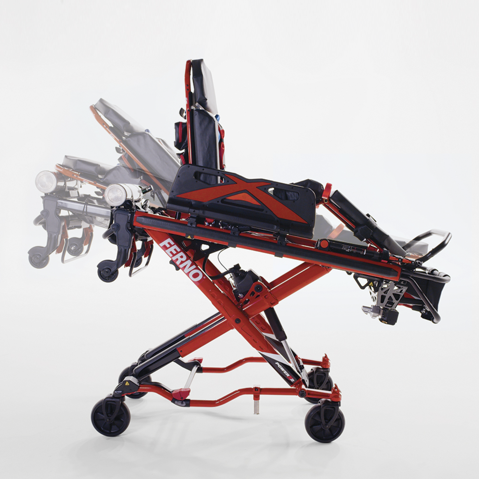 FERNO POWER X2 powered ambulance cot for EMS patient transport, featuring adjustable height and sturdy design.