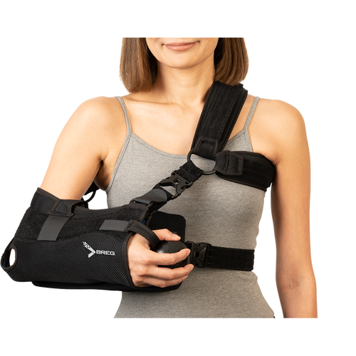 BREG SlingShot® 3 shoulder brace for post-op rotator cuff support, with adjustable straps and padded design for shoulder stabilization.
