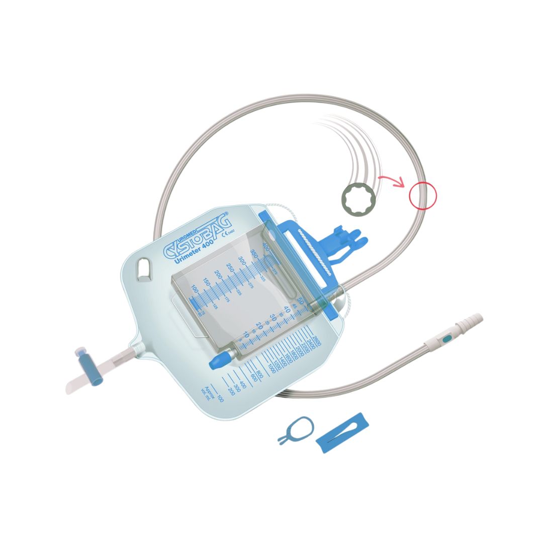 UROMED CYSTOBAG® Urimeter 400 closed urine measurement system with transparent collection bag and measurement scale.