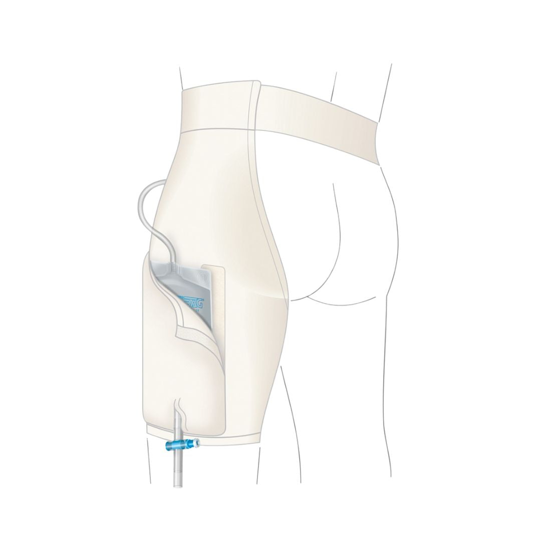 UROMED single leg pant for urine leg bags, urology accessory, with adjustable straps and breathable fabric for comfortable wear.