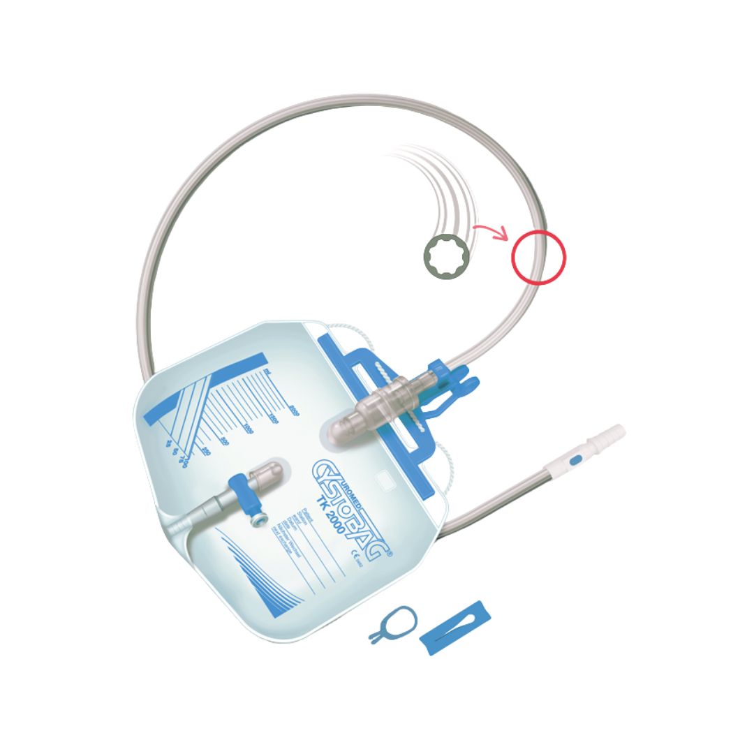 UROMED CYSTOBAG TK 2000 comfort urine drainage bag with tubing and collection chamber, designed for urinary collection and drainage.
