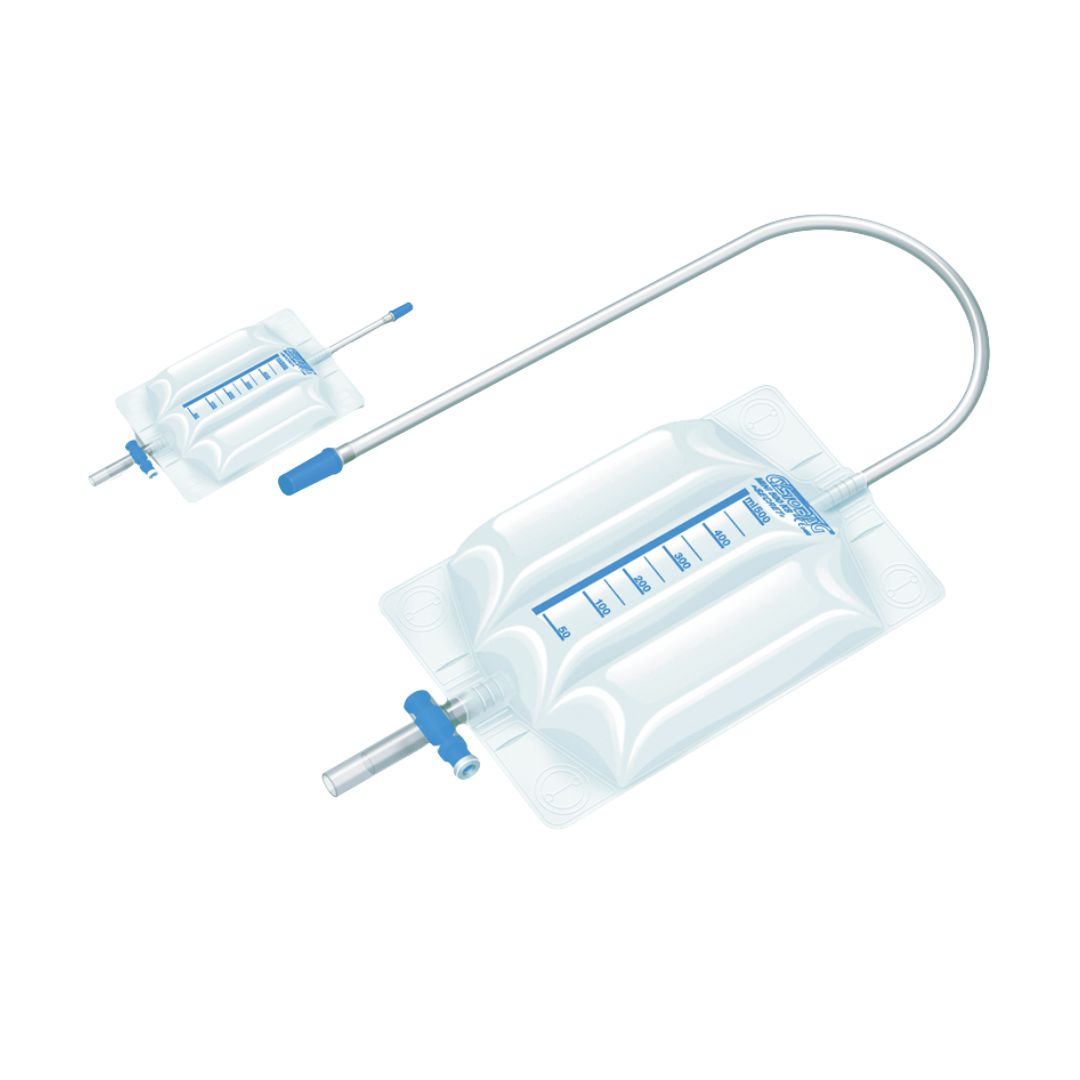 UROMED CYSTOBAG® MINI 500 S urine leg bag with 3-chamber system for urinary drainage, shown with attached tubing and label.