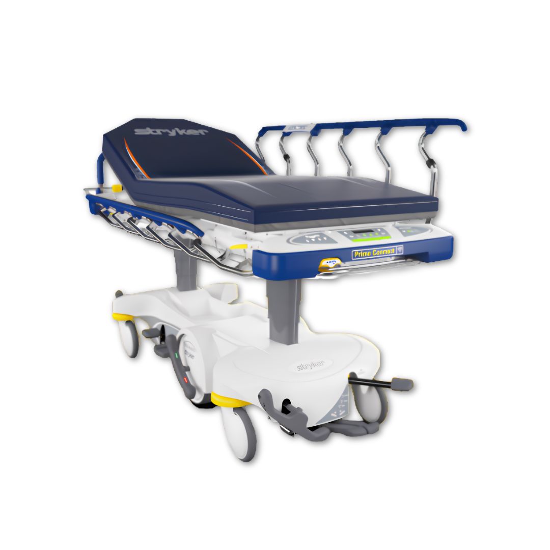 Stryker Prime Big Wheel Manual stretcher with large wheels, stainless steel frame, and adjustable handles for patient transport.