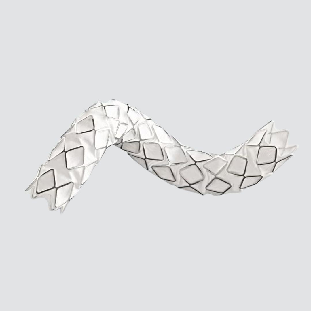 Gore Medical VIABAHN VBX balloon-expandable endoprosthesis shown in a medical setting, with visible stent structure and catheter components.