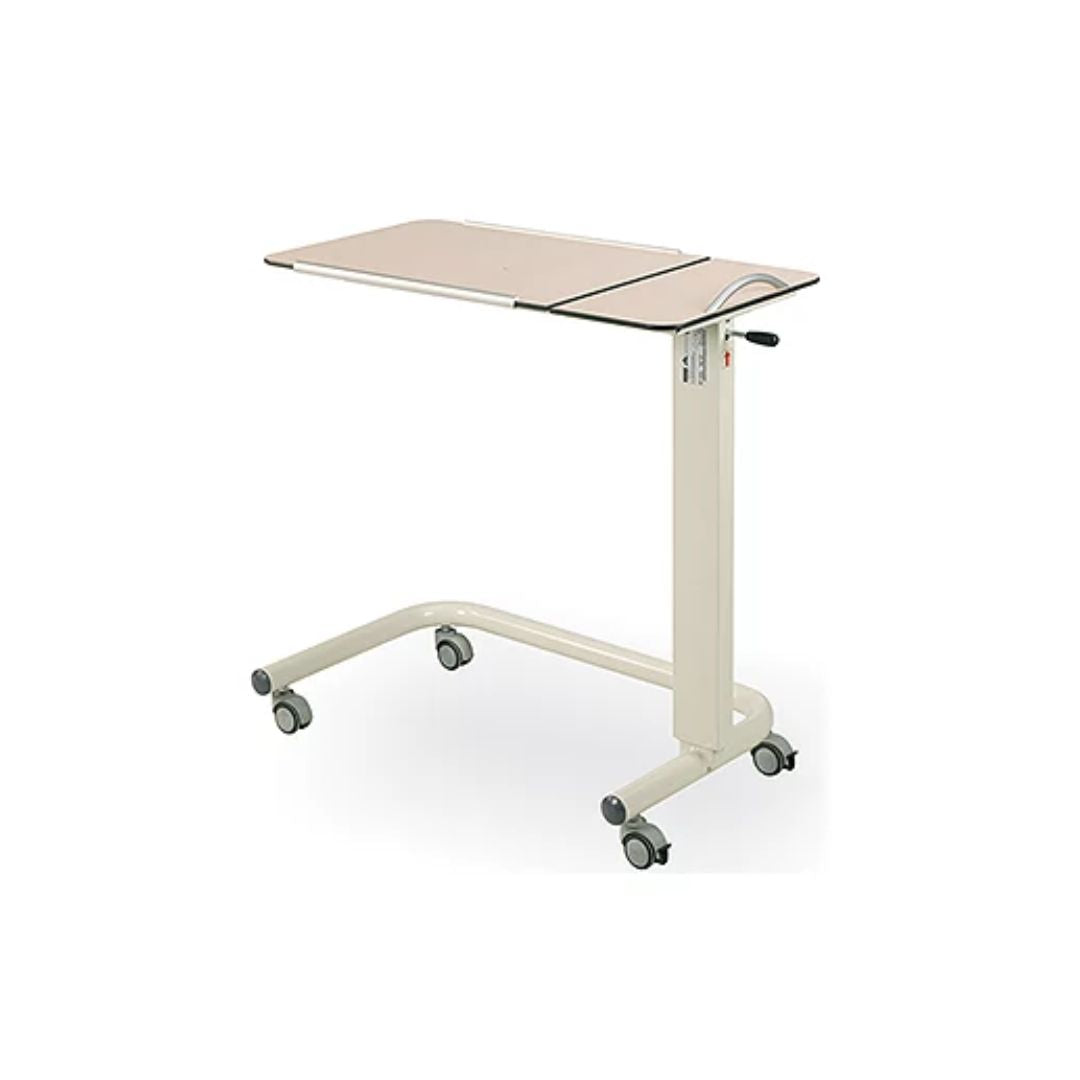 Stryker overbed table with adjustable wooden surface and metal frame, designed for bedside use and patient convenience.