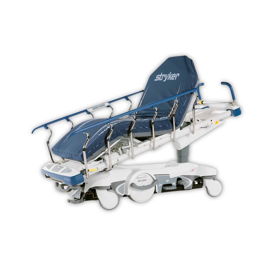Stryker PRIME Big Wheel Electric Stretcher with large wheels and adjustable features, used for patient transport in medical settings.