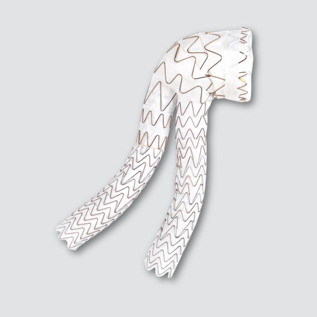 Gore Medical EXCLUDER Conformable AAA Endoprosthesis with ACTIVE CONTROL System, showing the medical device for abdominal aneurysm repair