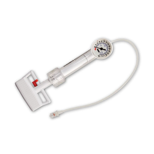 Merit Medical basixCOMPAK inflation device with digital display and control buttons for precise balloon inflation.