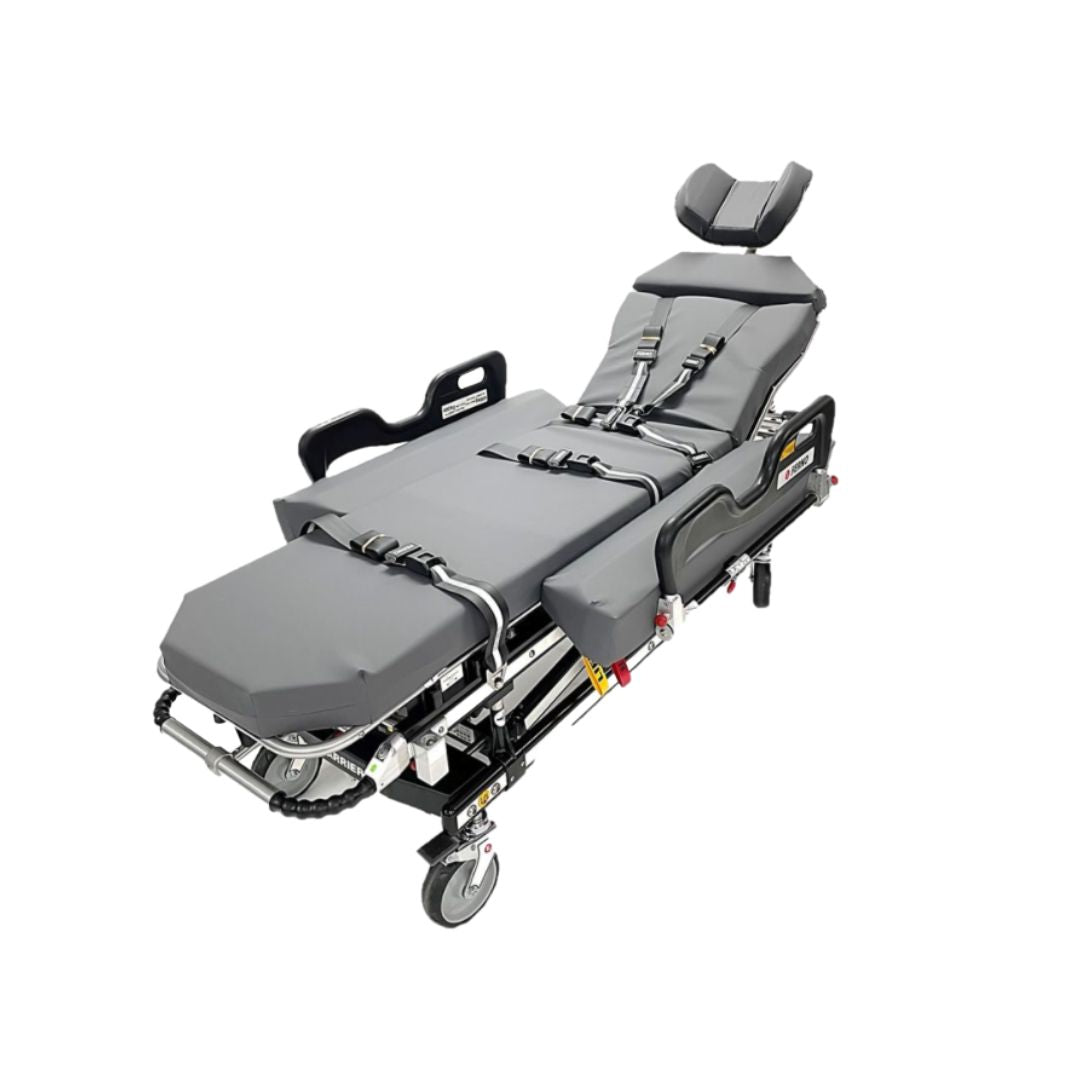 FERNO Harrier LT-LBS powered bariatric ambulance trolley for EMS patient transport, featuring sturdy frame and control panel.