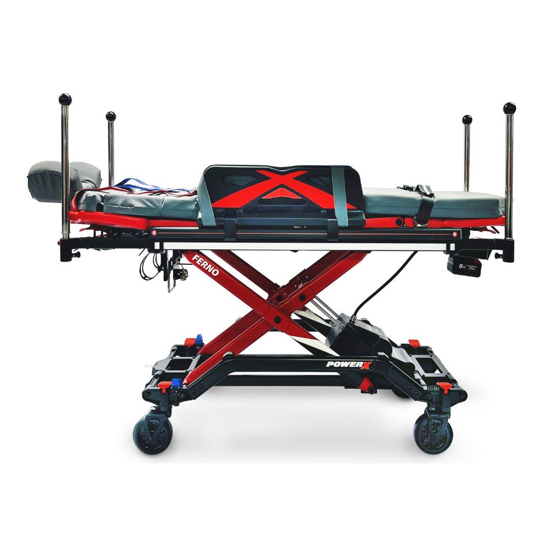 FERNO POWER X powered ambulance stretcher with EMS patient transport equipment, featuring adjustable support and durable frame.